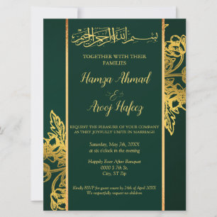Invitation Moderne Vert & Or Mariage musulman islamique