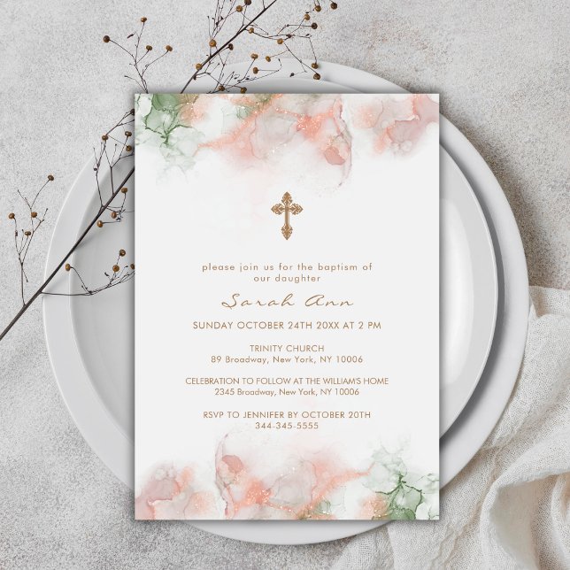 Invitation Moderne vert rose Boho Agate Gold Cross Baptême (Modern Green Pink Boho Agate Gold Cross Baptism Invitation)