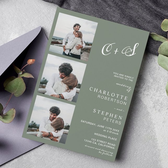 Invitation Moderne vert sauge casual initiales photo mariage (Créateur téléchargé)
