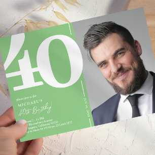 Invitation moderne verte avec photo pour 40e anniv