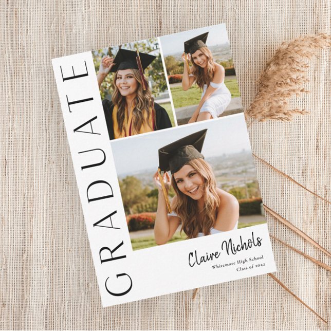 Invitation Moderne Vertical 3 Photo Collage Graduation (Modern Typography 3 Photo Collage Graduation Party Announcement Invitation.)