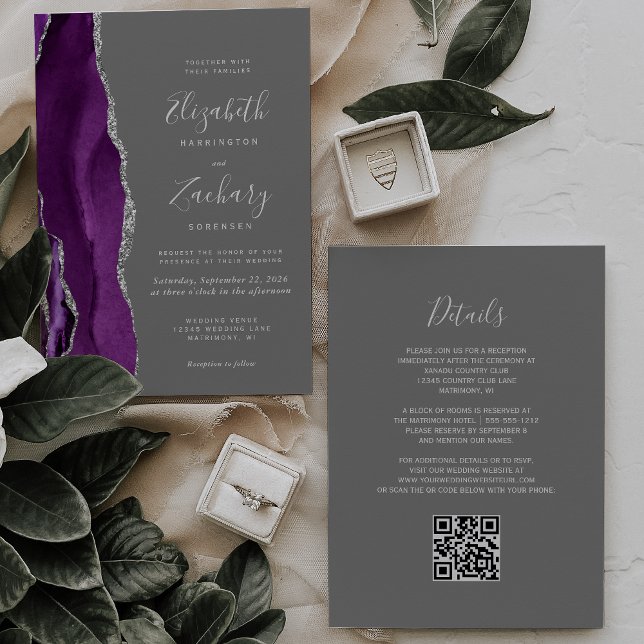 Invitation Moderne violet argenté gris gris QR Code Mariage (Créateur téléchargé)