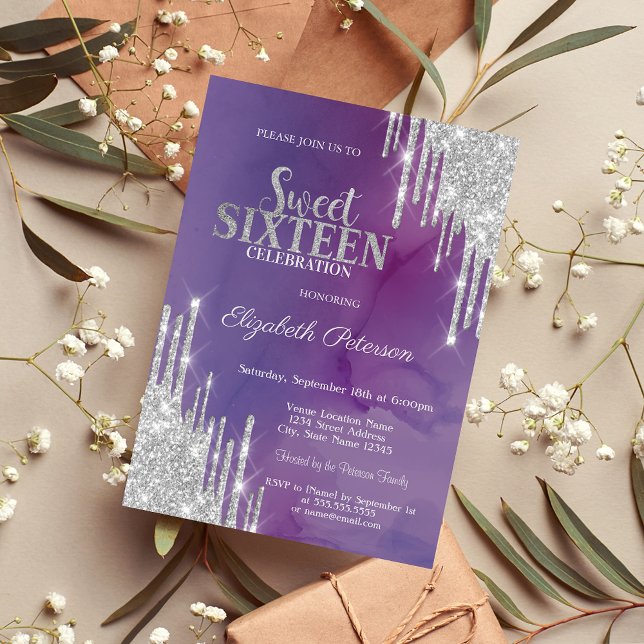 Invitation Moderne Violet Douze Ans Dégoulinant de Paillettes (Créateur téléchargé)