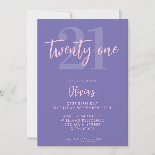 Invitation Moderne violet élégant 21e anniversaire (Devant)