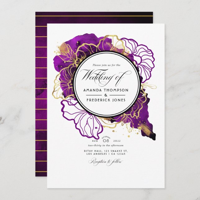 Invitation Moderne violet et or Abstrait Floral Mariage Inv (Devant / Derrière)