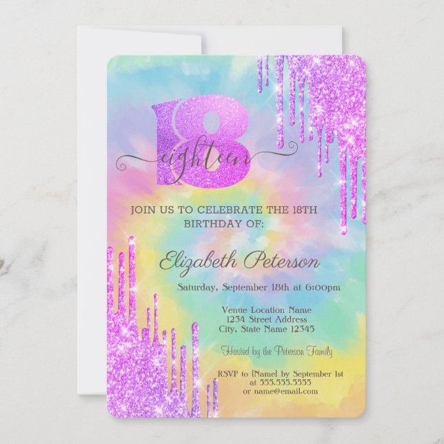 Invitation Moderne Violet Glitter Cool Drips Tie Dye 18ème  (Devant)