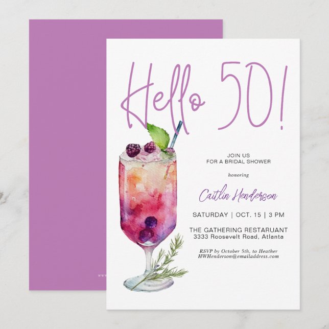 Invitation Moderne violet Hello 50 fête d'anniversaire (Devant / Derrière)