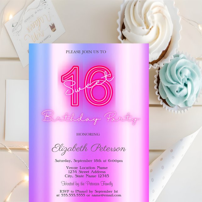 Invitation Moderne Violet Neon Sweet 16 (Créateur téléchargé)