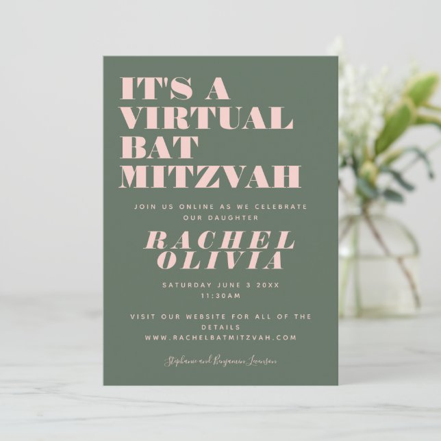Invitation Moderne virtuel en ligne rose et Bat mitzvah vert (Debout devant)