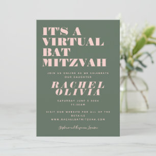 Invitation Moderne virtuel en ligne rose et Bat mitzvah vert