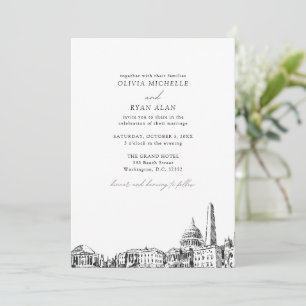 Invitation Moderne Washington DC Skyline Mariage noir et blan