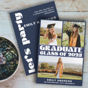 Invitation Moderne White & Blue 3 Photo Grad Party