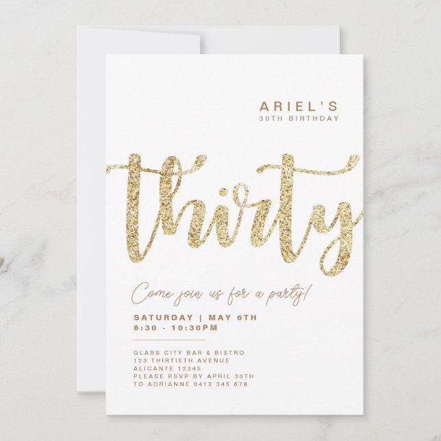 Invitation moderne White & Gold 30th Birthday (Devant)