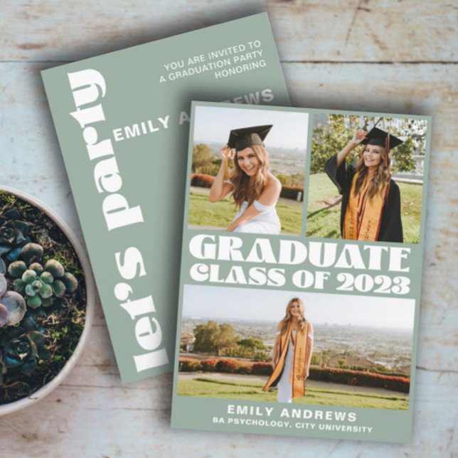 Invitation Moderne White & Green 3 Photo Grad Party (Créateur téléchargé)