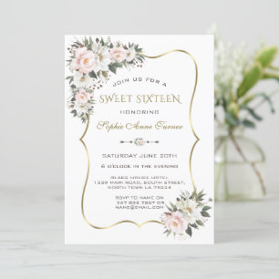 Invitation Modernes Cadre Doré Fleurs Roses Blanches Sweet 16