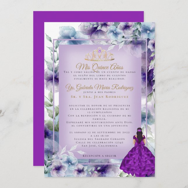 Invitation Modernos Flores Moradas Quinceañera (Devant / Derrière)