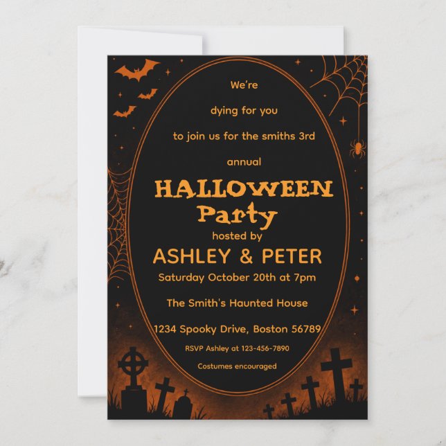 Invitation modifiable de fête d'Halloween noire et (Devant)