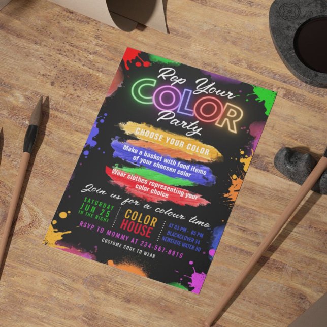Invitation modifiable de fête en noir de couleur (Color Party Black Invitation Editable Invitation)