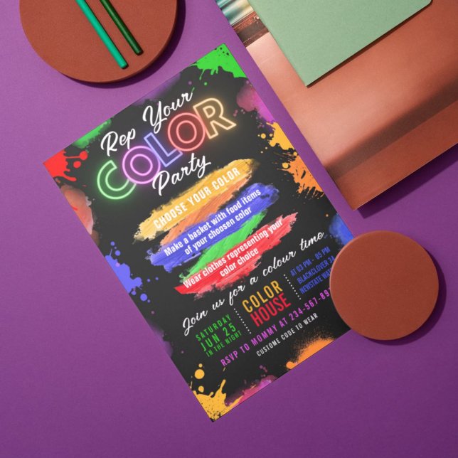 Invitation modifiable de la partie de couleur noir (Color Party Black Invitation Editable Invitation)