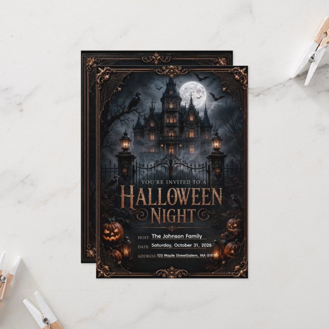 Invitation modifiable de nuit d'Halloween gothique (Devant/Arrière en situation)