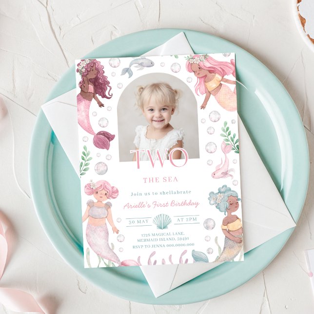 Invitation modifiable de sirène pour fille à la me (Watercolor Mermaid 2nd Birthday Invitation With Picture)