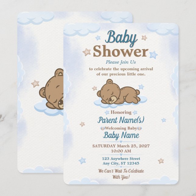 Invitation modifiable pour Baby Shower Ours en Pel (Devant / Derrière)