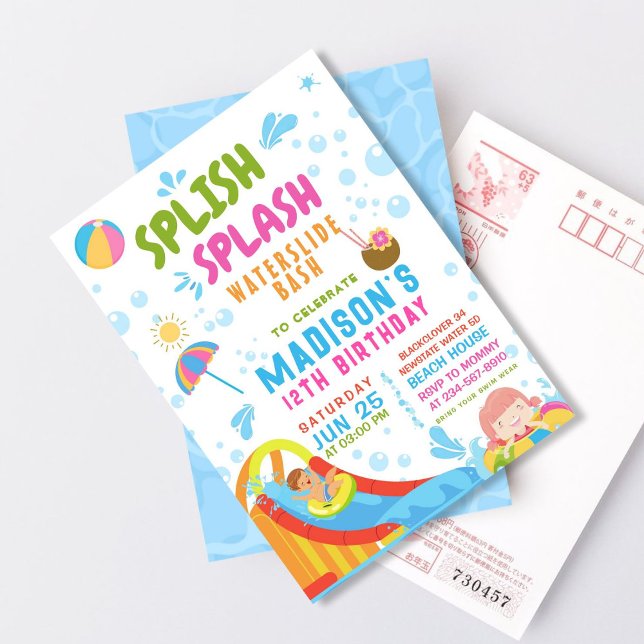 Invitation modifiable pour fête de glissade aquati (Splish Splash Waterslide Party Editable)