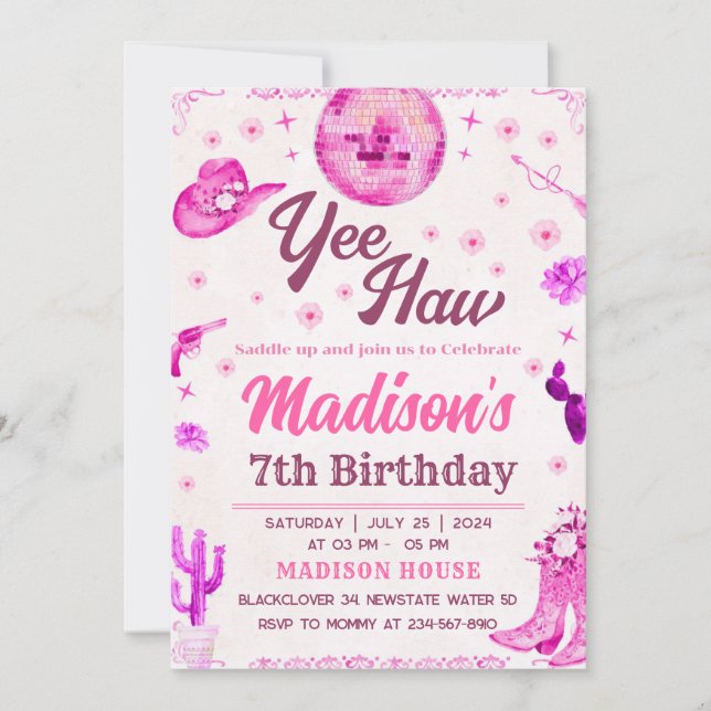 Invitation modifiable pour fête disco Cowgirl (Devant)