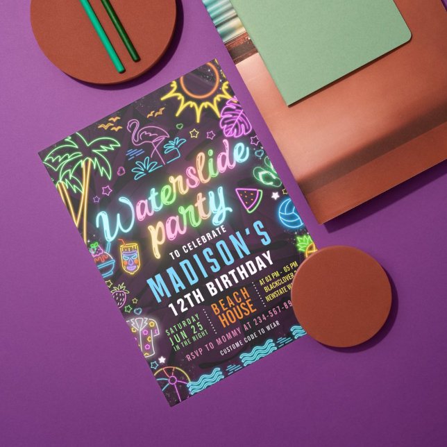 Invitation modifiable pour fête néon au toboggan a (Waterslide Glow)
