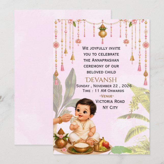 Invitation modifiable pour la cérémonie du riz ind (Devant / Derrière)