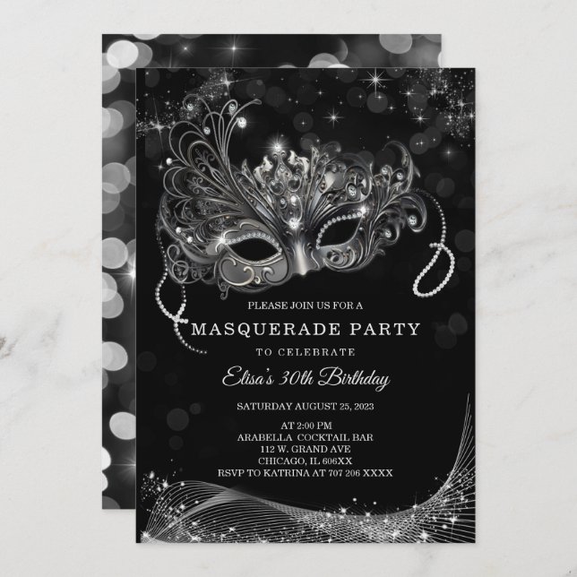 Invitation Modifiable pour Masquerade Black et Silver Party (Devant / Derrière)