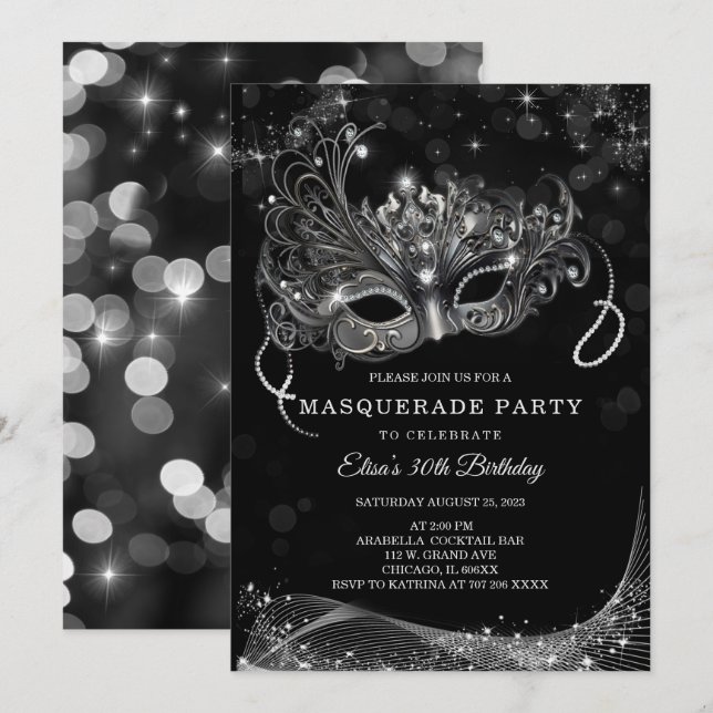 Invitation Modifiable pour soirée masquée noire et argentée (Devant / Derrière)