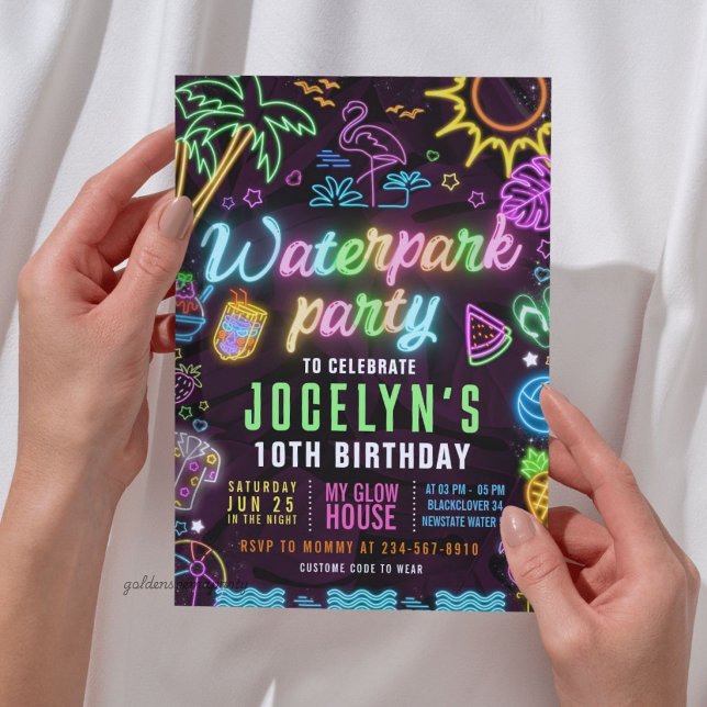 Invitation modifiable pour soirée néon au parc aqu (Waterpark Glow Party Editable Invitation)