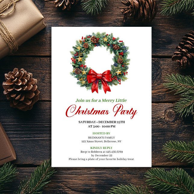 Invitation modifiable pour une fête avec une couro (Classic Christmas Wreath Party Editable Invite)