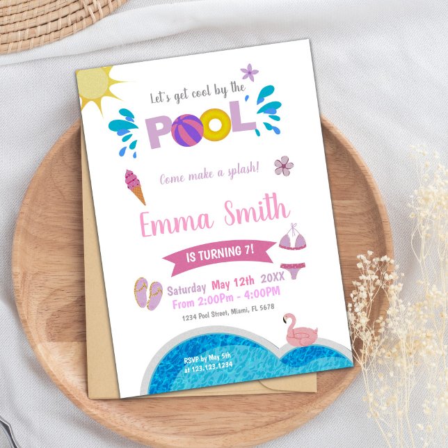 Invitation modifiable pour une fête de piscine d'é (Sun Pink Purple Pool Birthday Invitations)