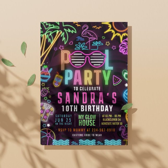 Invitation modifiable pour une Pool Party Glow Par (Pool Party Glow Party Editable Invitation)