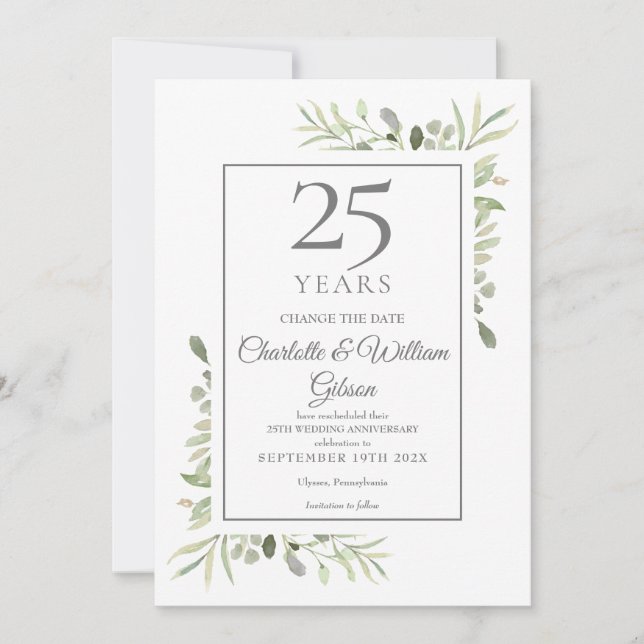 Invitation Modifier la Date 25e Anniversaire de Mariage Vert (Devant)