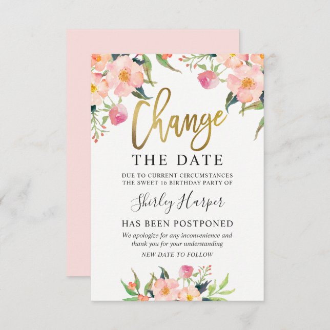 Invitation Modifier Le Script Date Rose Floral Or (Devant / Derrière)