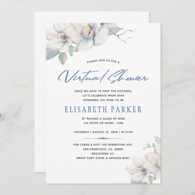 Invitation Modifier les plans baby shower virtuel floral bleu (Devant / Derrière)