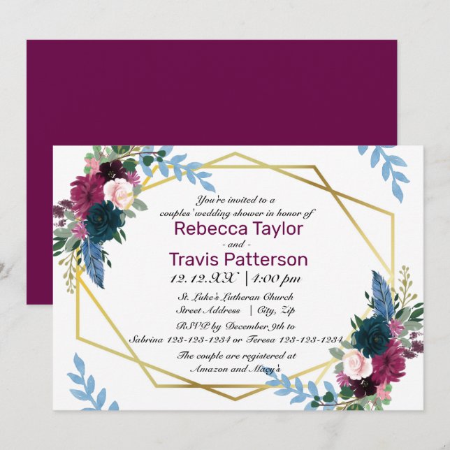 Invitation Module Fleurs Florales Prune - Mariage Couple (Devant / Derrière)