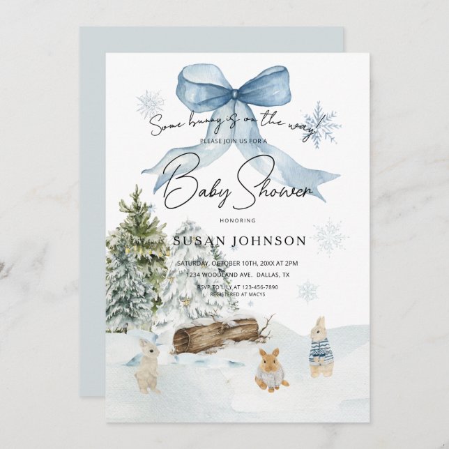 Invitation Moelleux Blue Winter Wonderland Bunny Bow Baby sho (Devant / Derrière)