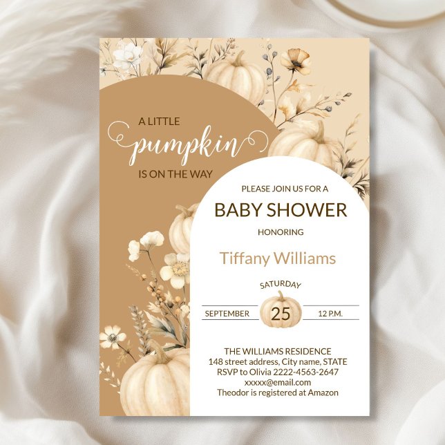 Invitation Moelleux Pastel Aquarelle Citrouille automne fleur (Beige Rustic Pumpkin Baby Shower Invitation | Neutral Fall Floral Autumn Theme)