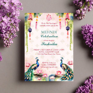 Invitation Mohndi mariage indien de paon et lotus