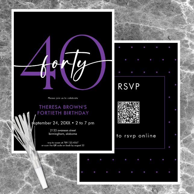 Invitation Moins moderne violet quarante Script Anniversaire  (Modern Minimal Purple Forty Script Birthday QR Invitation)