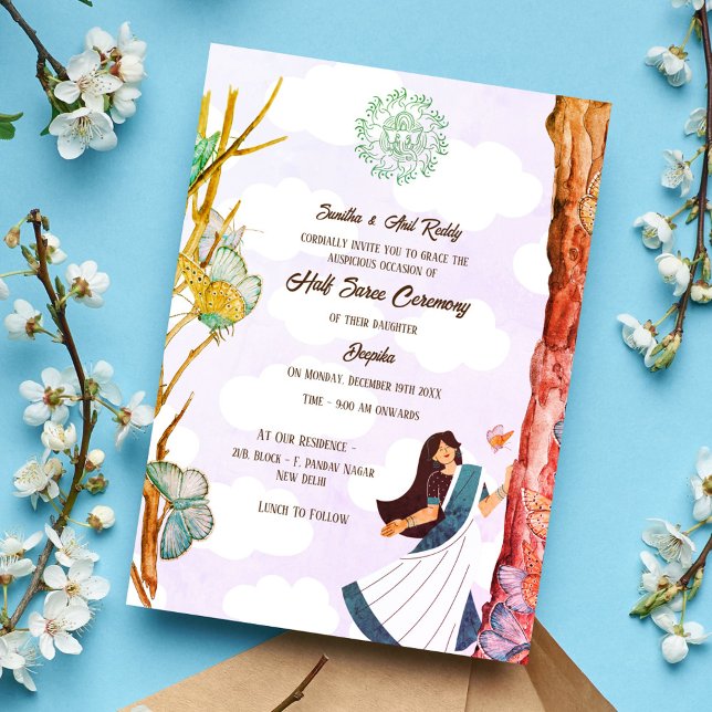 Invitation Moitié Saree Ritu Kala Samskara Papillon (Créateur téléchargé)