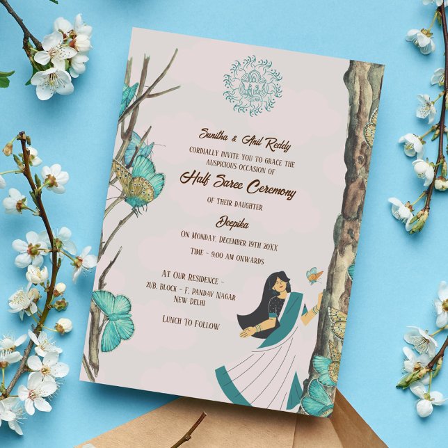 Invitation Moitié Saree Ritu Kala Samskara Papillon (Créateur téléchargé)