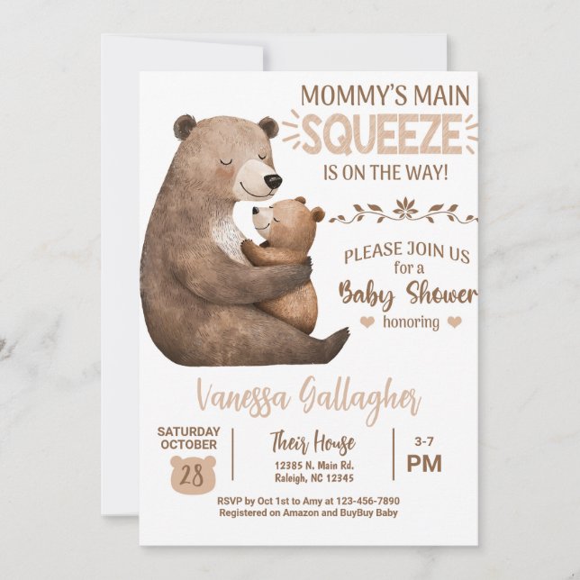 Invitation Mom and baby bear baby shower invitation. (Devant)