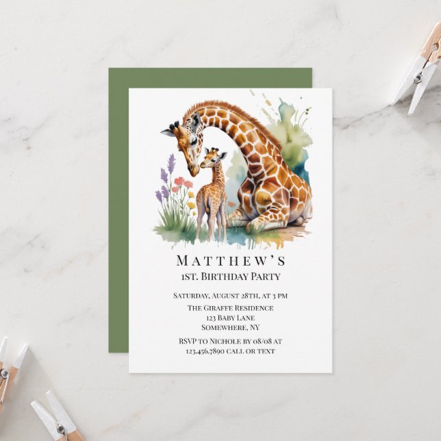 Invitation Mom and Me Watercolor Giraffe 1st. Birthday Party  (Devant/Arrière en situation)