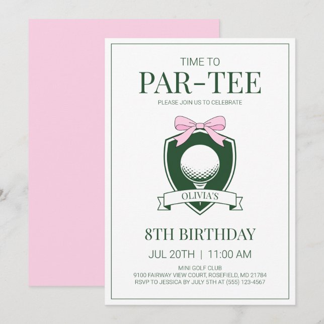 Invitation Moment de Par-Tee Ruban Rose Golf 8e Anniversaire (Devant / Derrière)