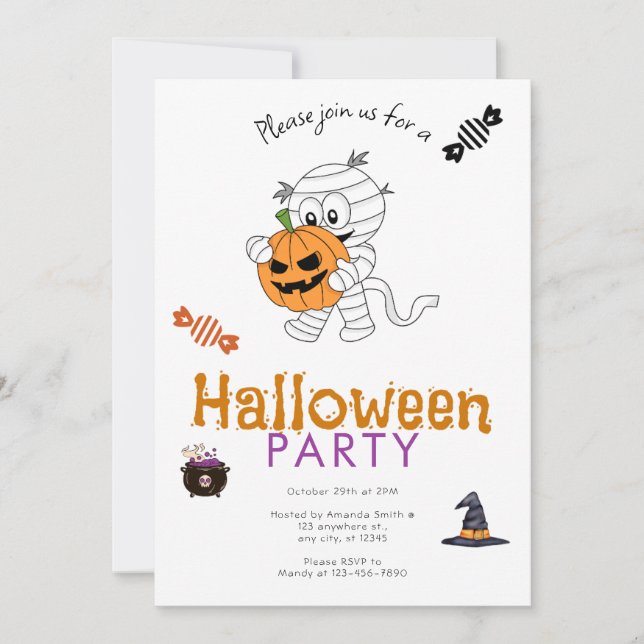 Invitation Momie organisant une fête Halloween avec une citro (Devant)